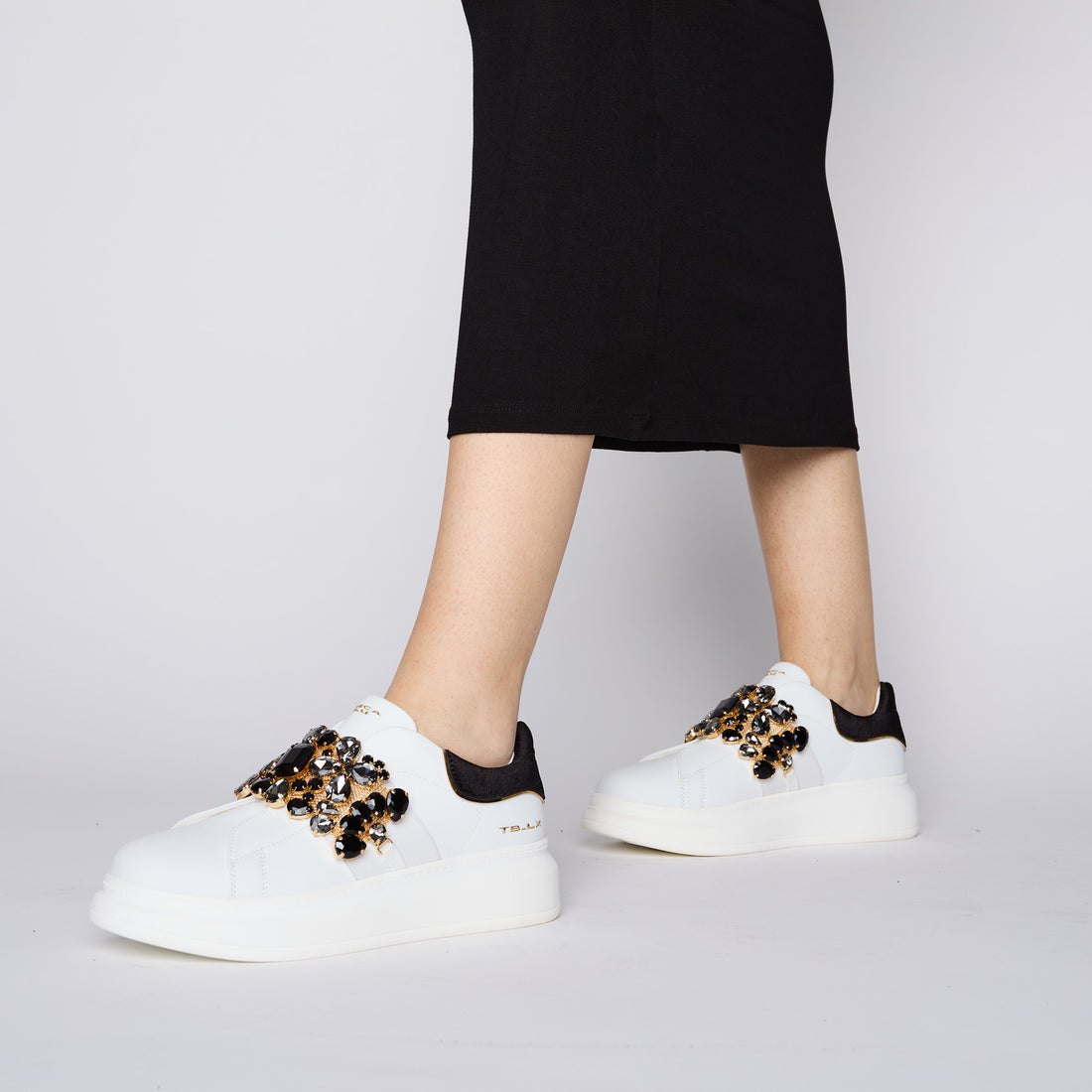 White/Black Chic slip-on sneaker with rhinestone band