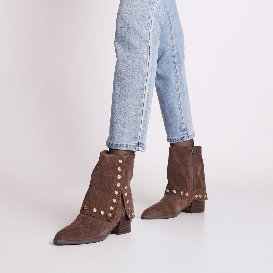 dark brown giselle suede ankle boot with studs