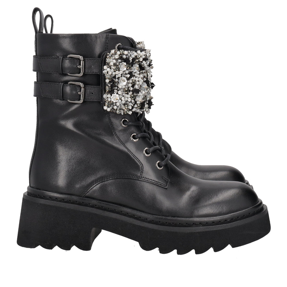 black lea combat boot with rhinestone band
