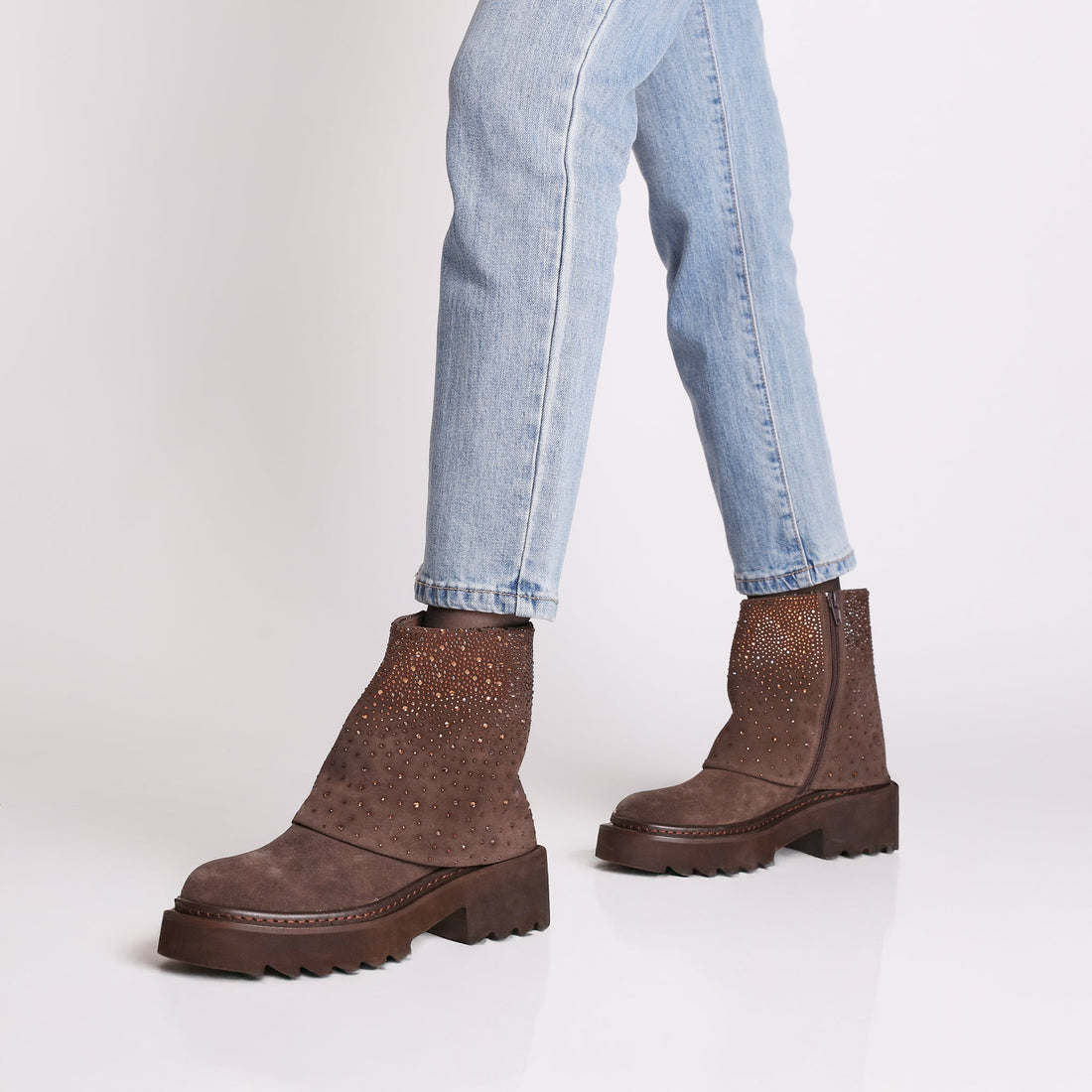 dark brown lea ankle boot with micro rhinestones