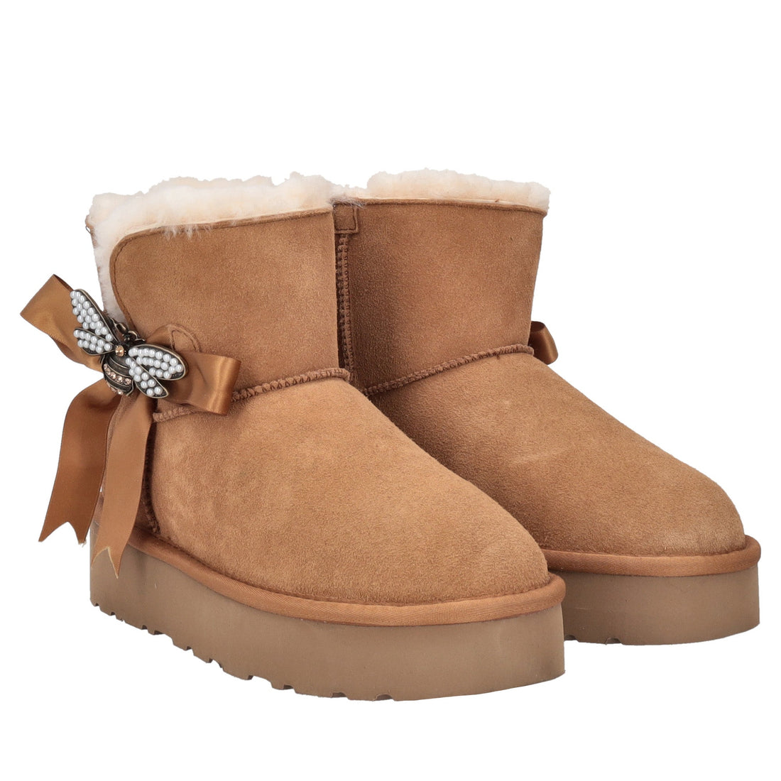 tan zoe ankle boot with bow and rhinestone accessory