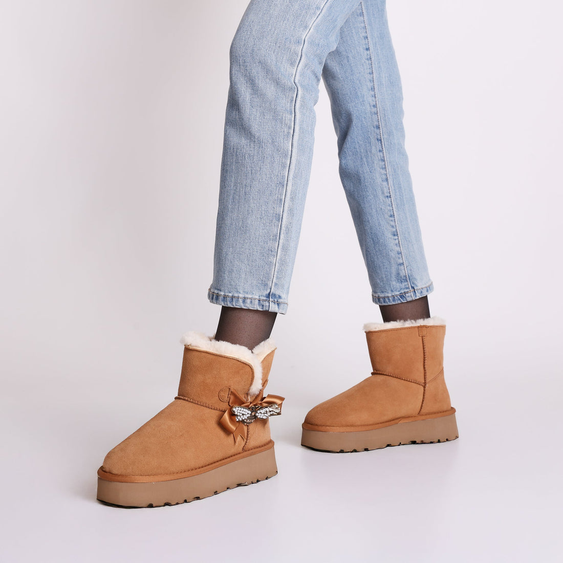 tan zoe ankle boot with bow and rhinestone accessory