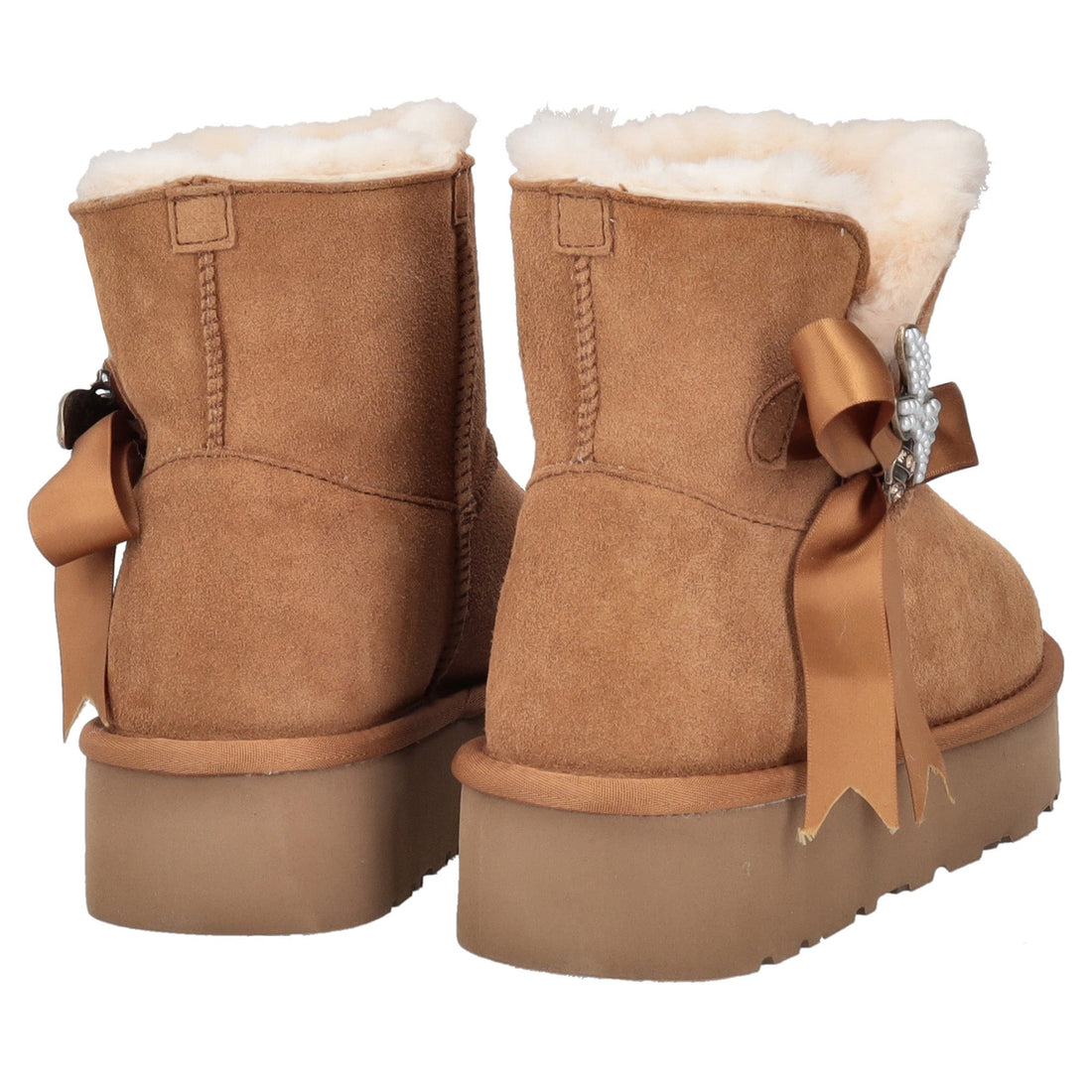 tan zoe ankle boot with bow and rhinestone accessory