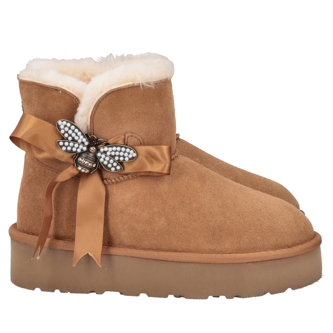 tan zoe ankle boot with bow and rhinestone accessory