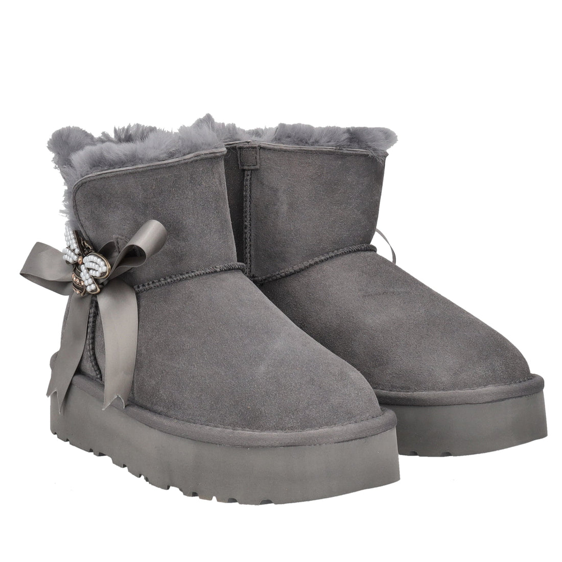 dark grey zoe ankle boot with bow and rhinestone accessory