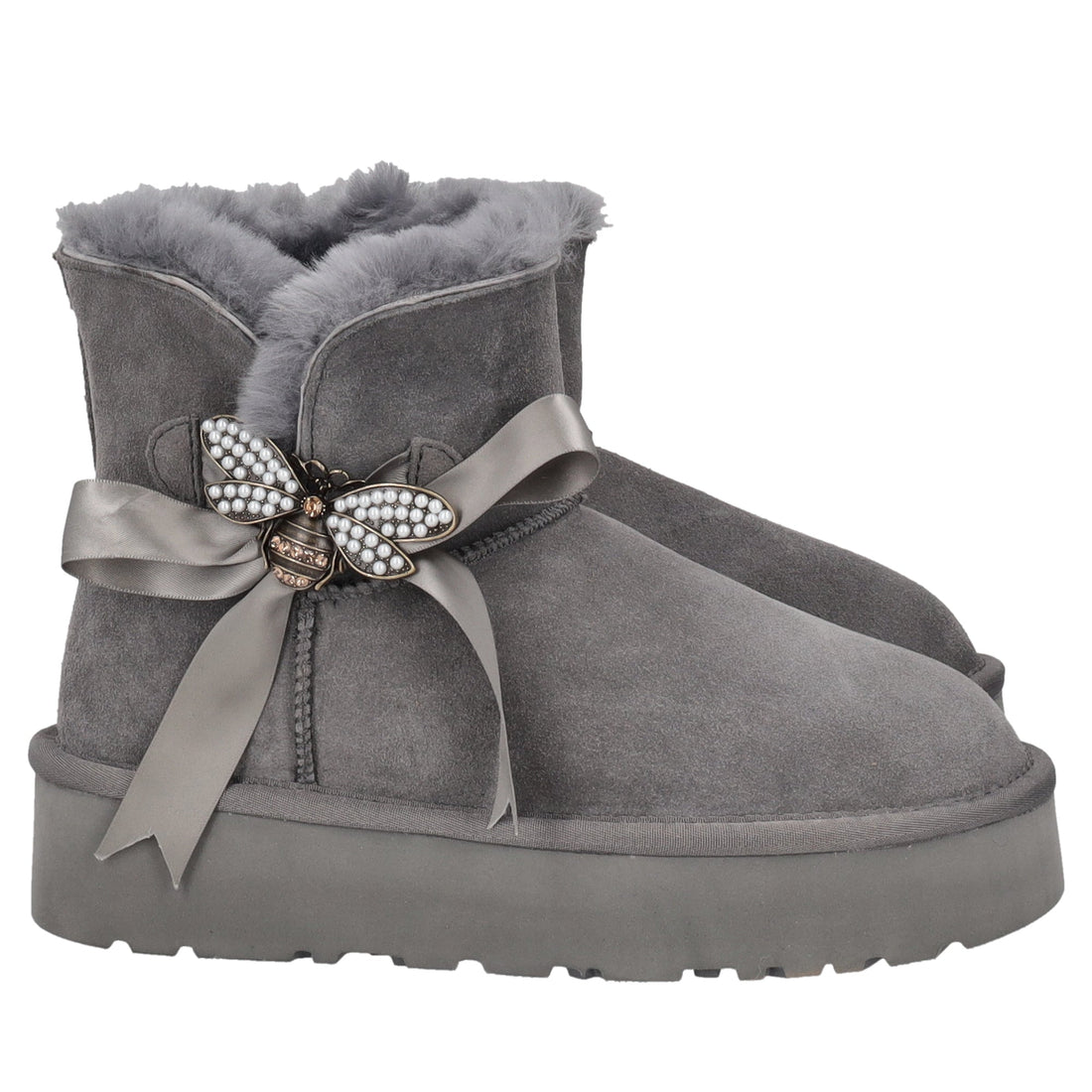 dark grey zoe ankle boot with bow and rhinestone accessory