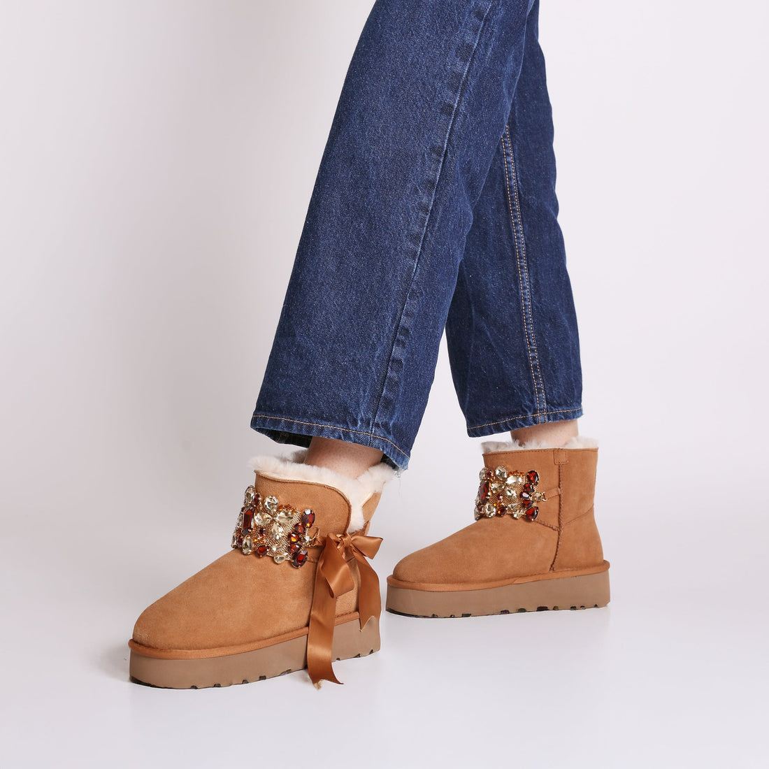 tan zoe ankle boot with rhinestone band