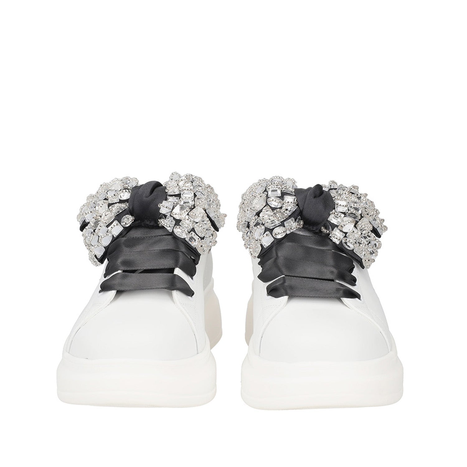 WHITE/BLACK GLAMOUR SNEAKER IN LEATHER WITH RHINESTONE BOW