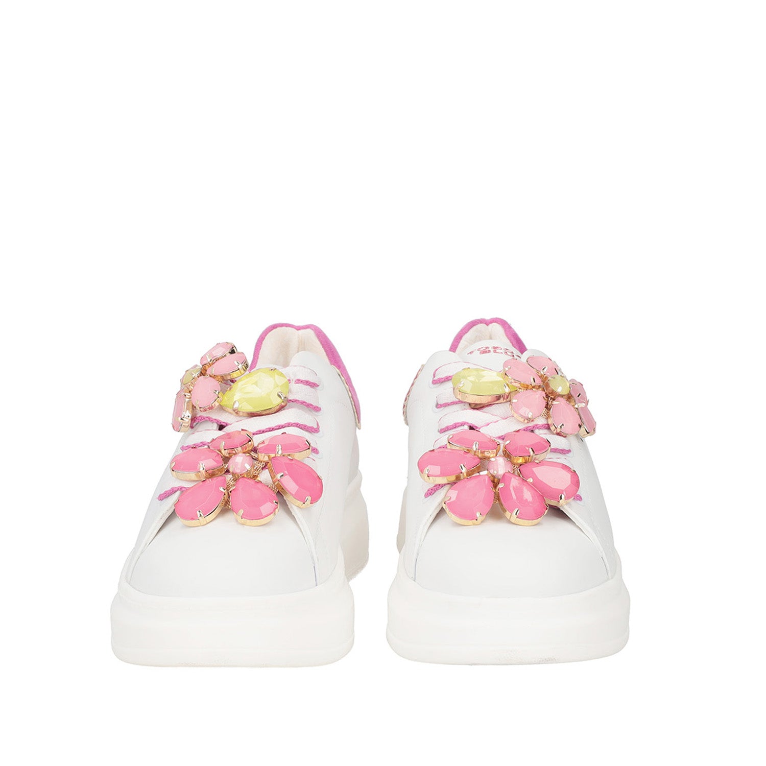 WHITE/FUXIA GLAMOUR SNEAKER IN LEATHER WITH JEWEL FLOWERS