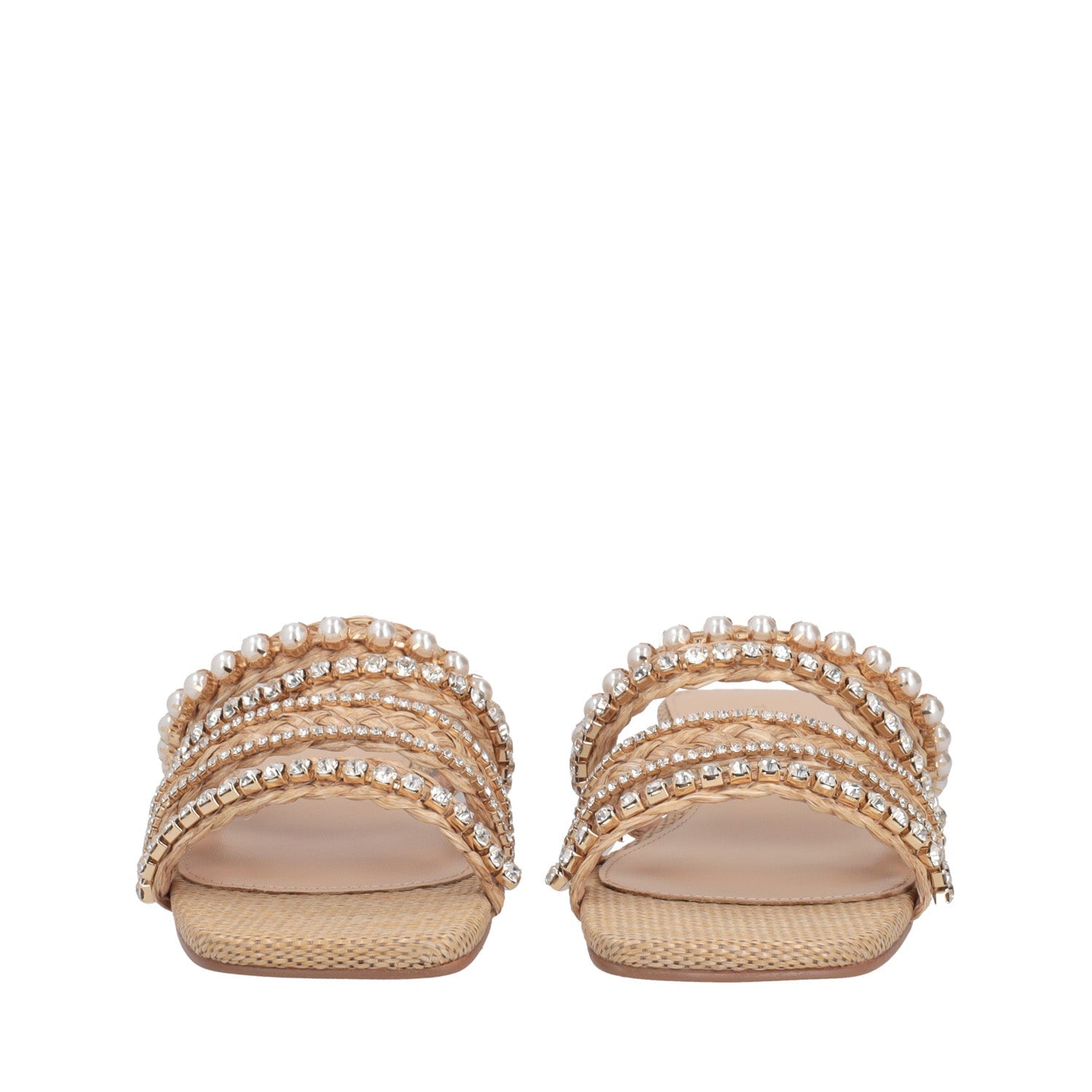 TAN FRIDA SLIPPERS WITH RHINESTONES AND PEARLS