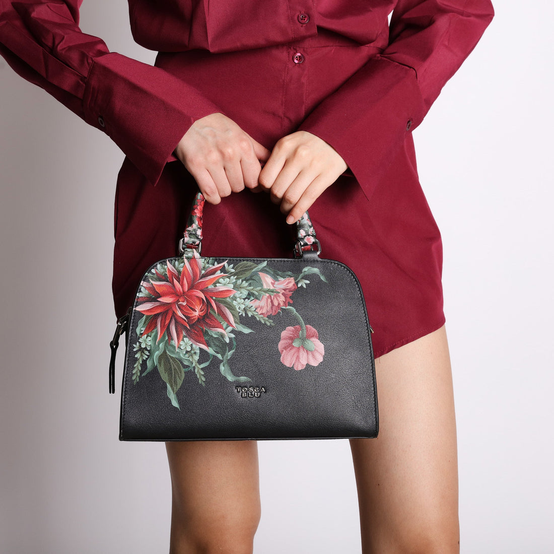 black audrey handbag with floral print