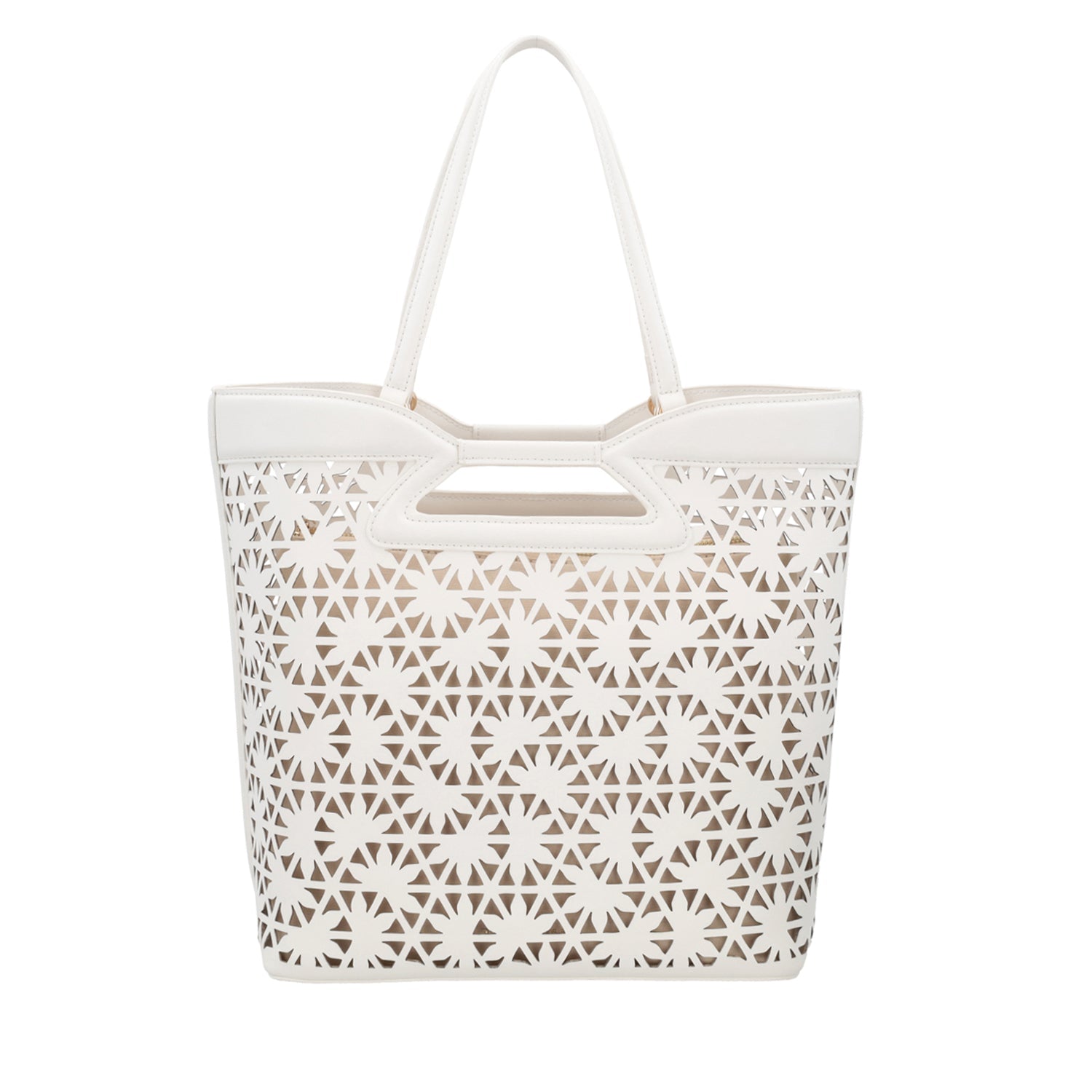 WHITE PEONIA LASERED SHOPPING BAG WITH DOUBLE HANDLE