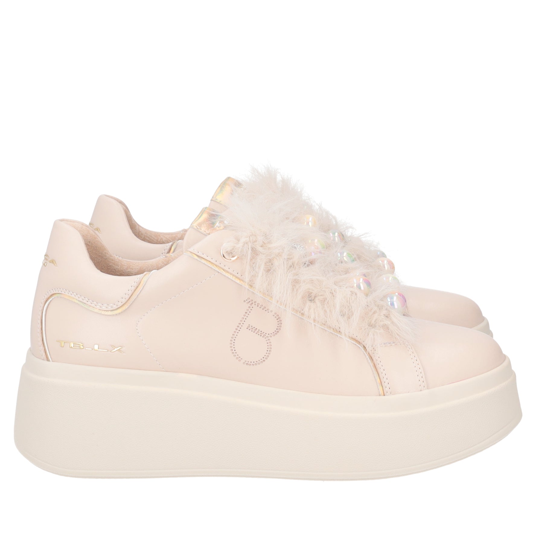 Sneaker Dazzling con perle e piume colore nude