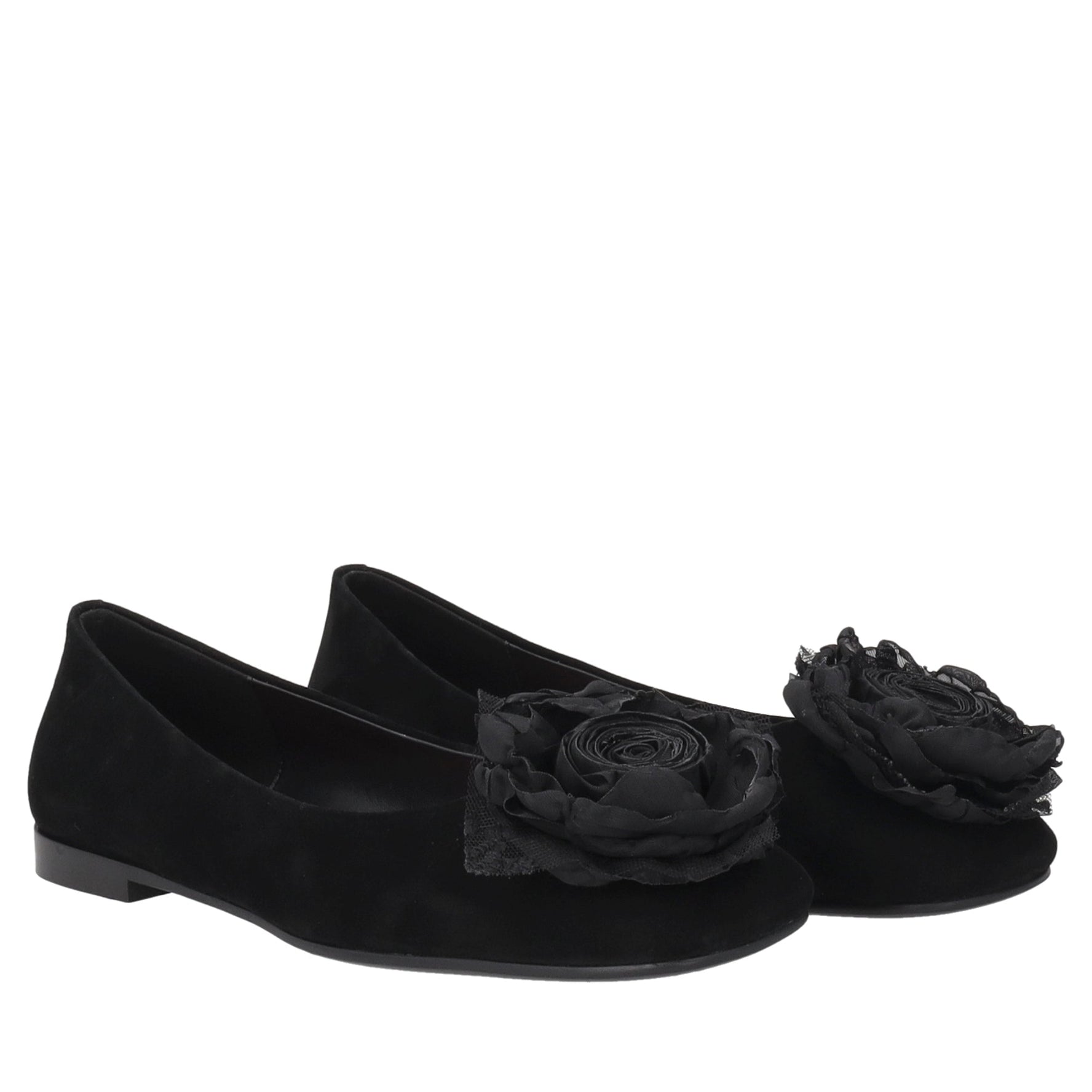 black arielle suede ballerina with flower
