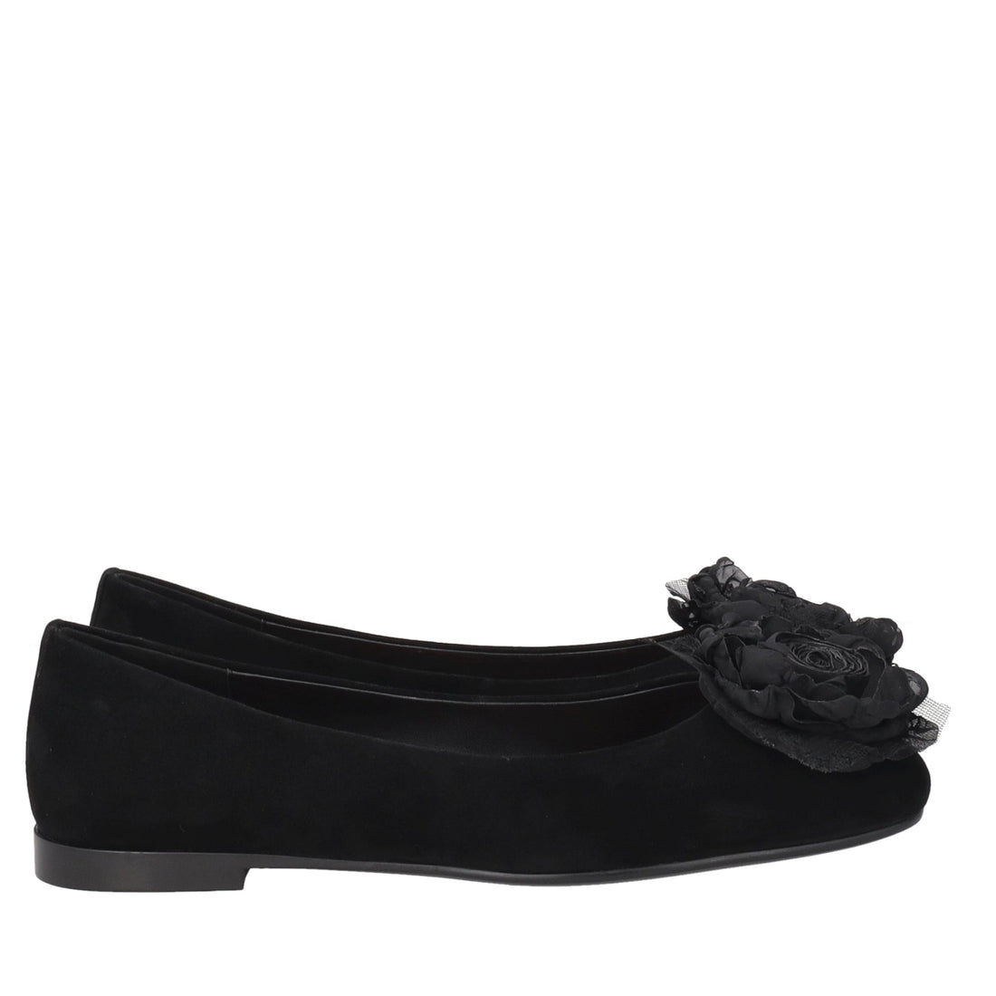 black arielle suede ballerina with flower
