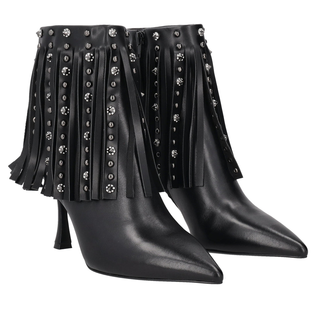 black charlotte ankle boot with fringes and studs