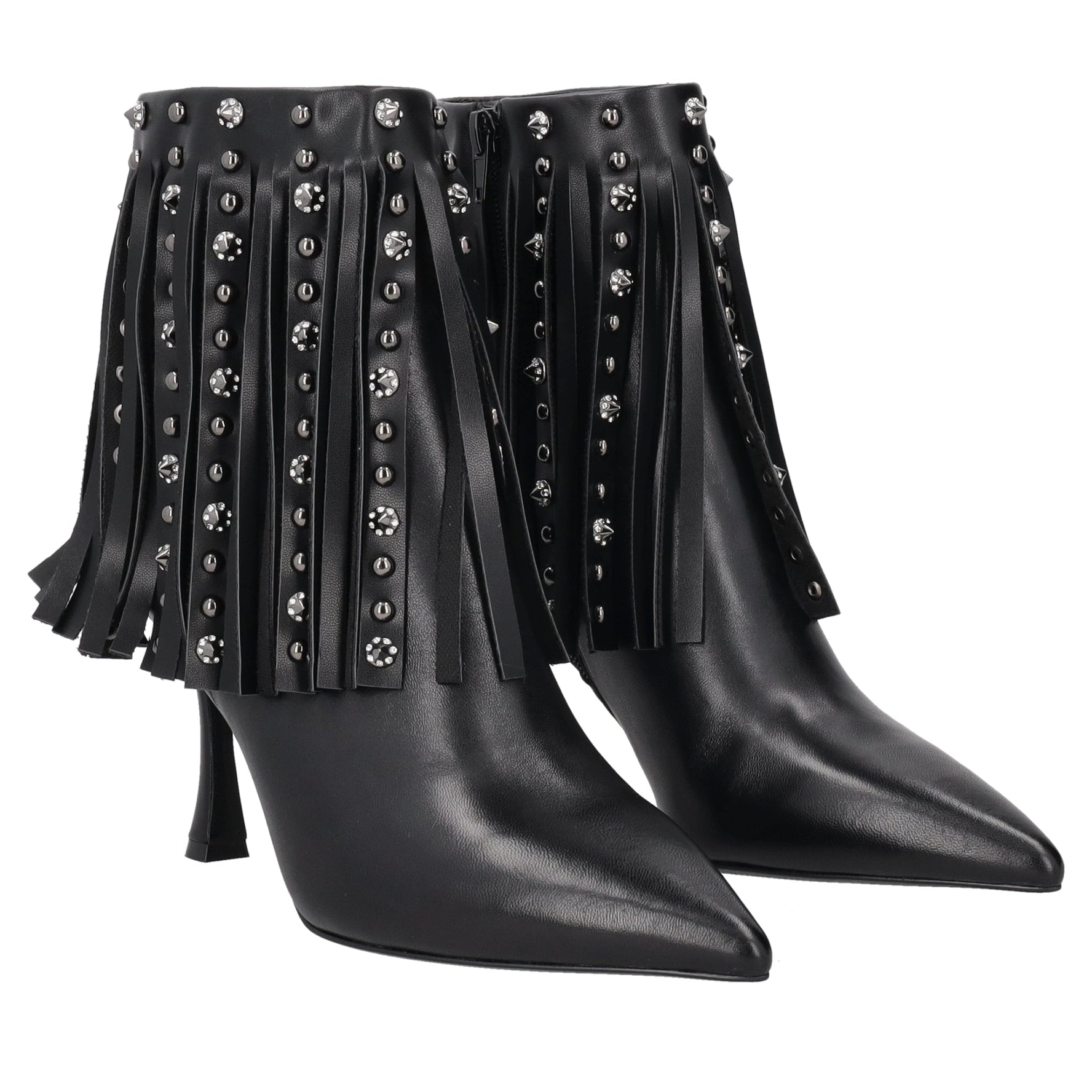 black charlotte ankle boot with fringes and studs