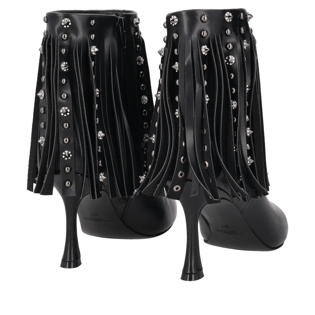 black charlotte ankle boot with fringes and studs