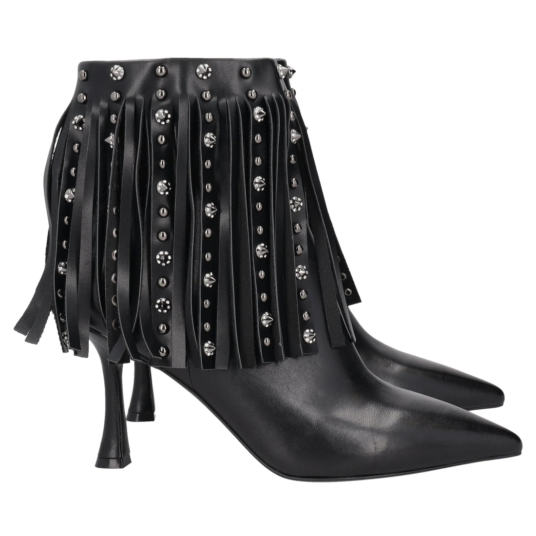 black charlotte ankle boot with fringes and studs