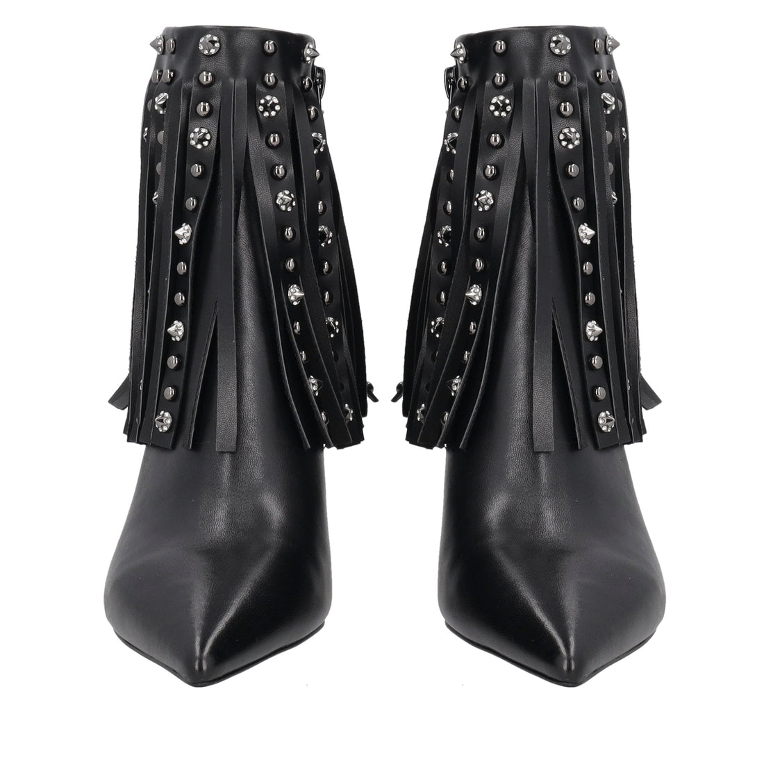 black charlotte ankle boot with fringes and studs