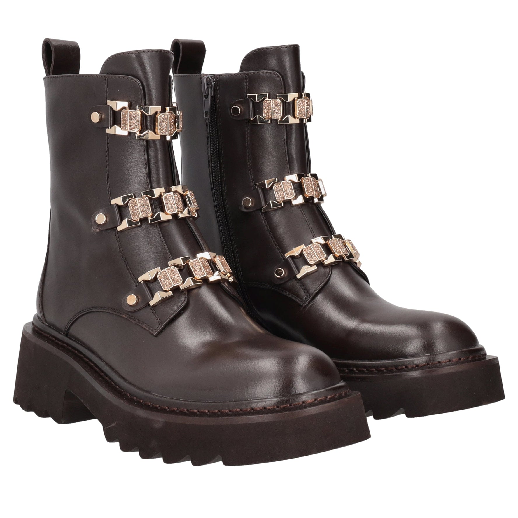 dark brown lea leather ankle boot with rhinestone