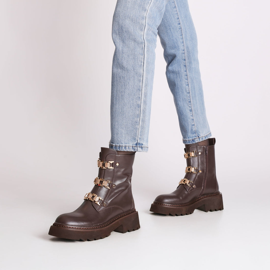dark brown lea leather ankle boot with rhinestone