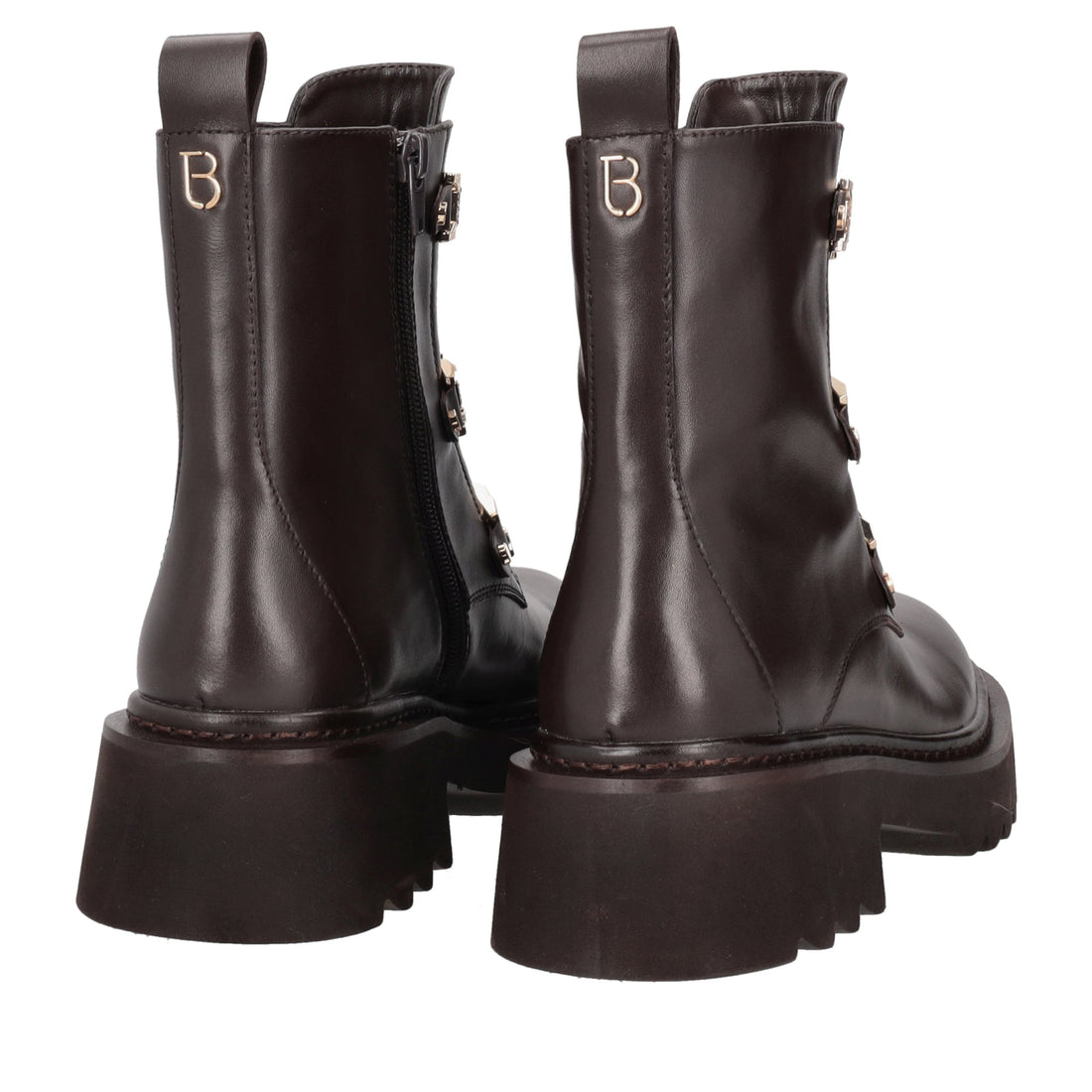 dark brown lea leather ankle boot with rhinestone