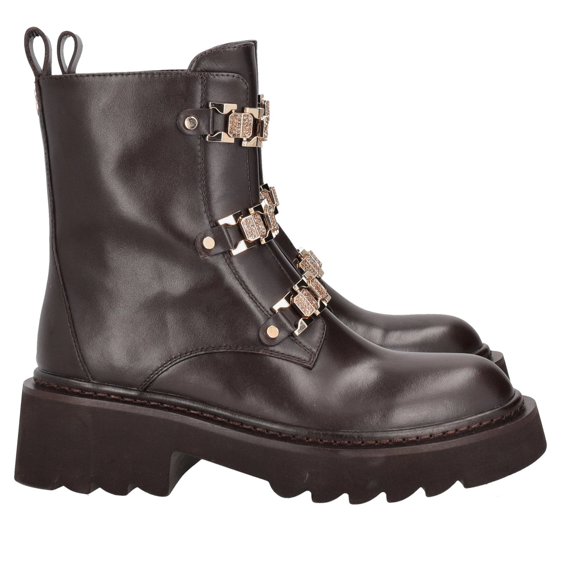 dark brown lea leather ankle boot with rhinestone