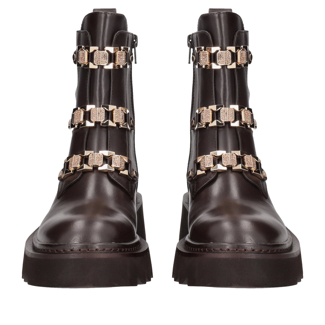 dark brown lea leather ankle boot with rhinestone