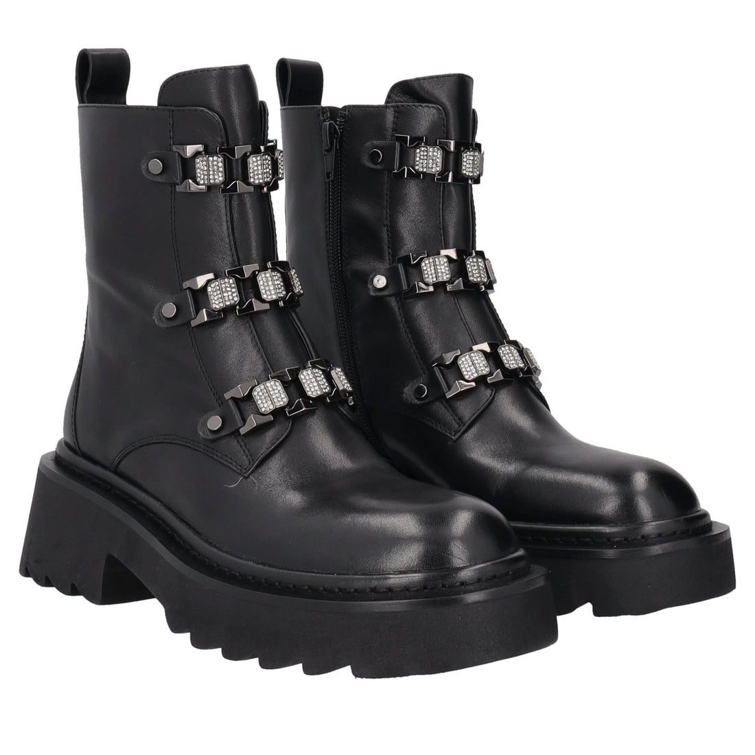 black lea leather ankle boot with rhinestone