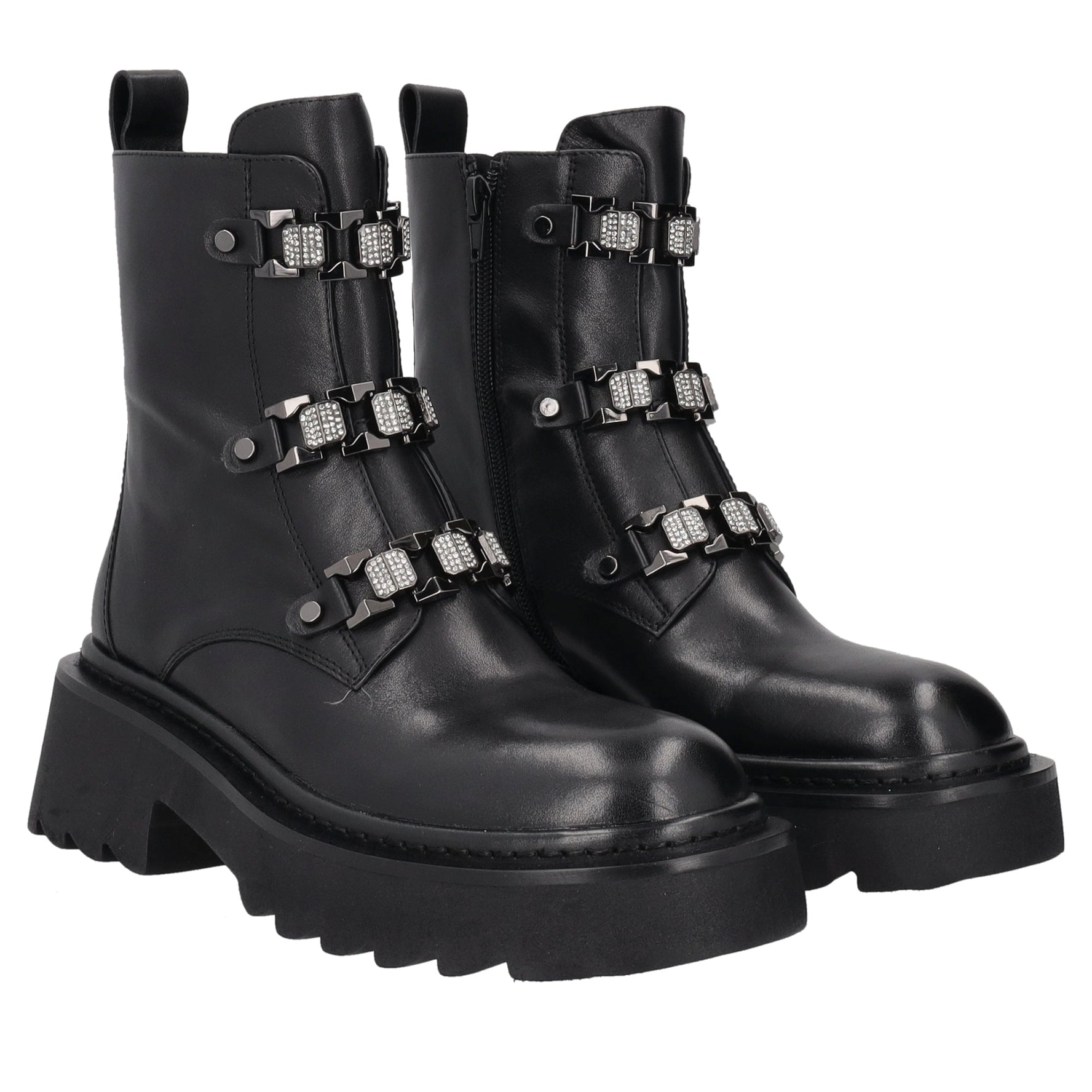 black lea leather ankle boot with rhinestone