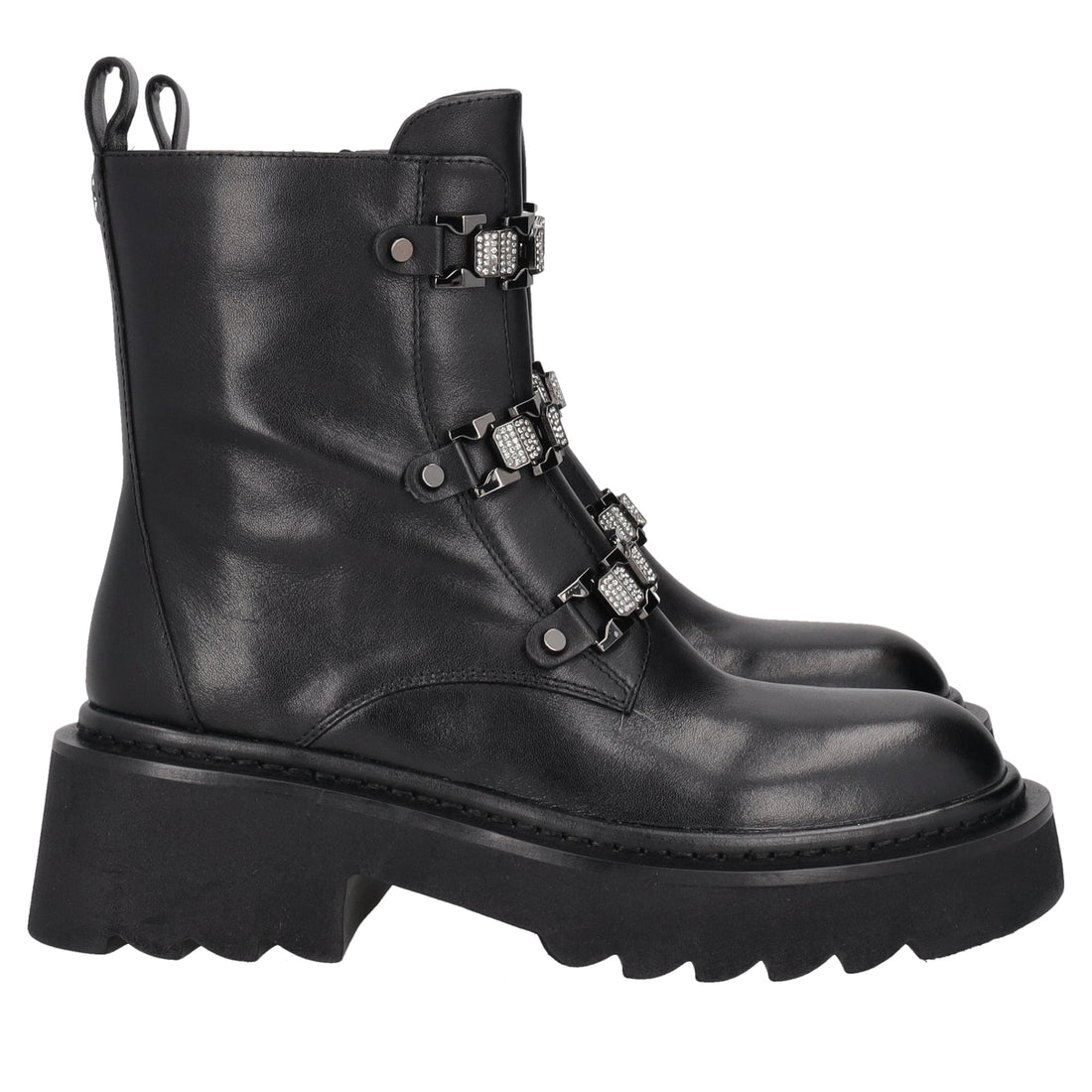 black lea leather ankle boot with rhinestone