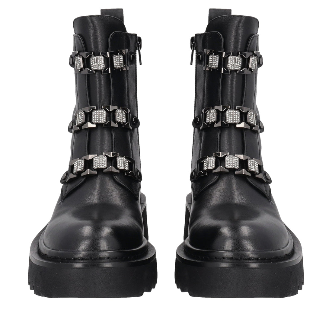 black lea leather ankle boot with rhinestone
