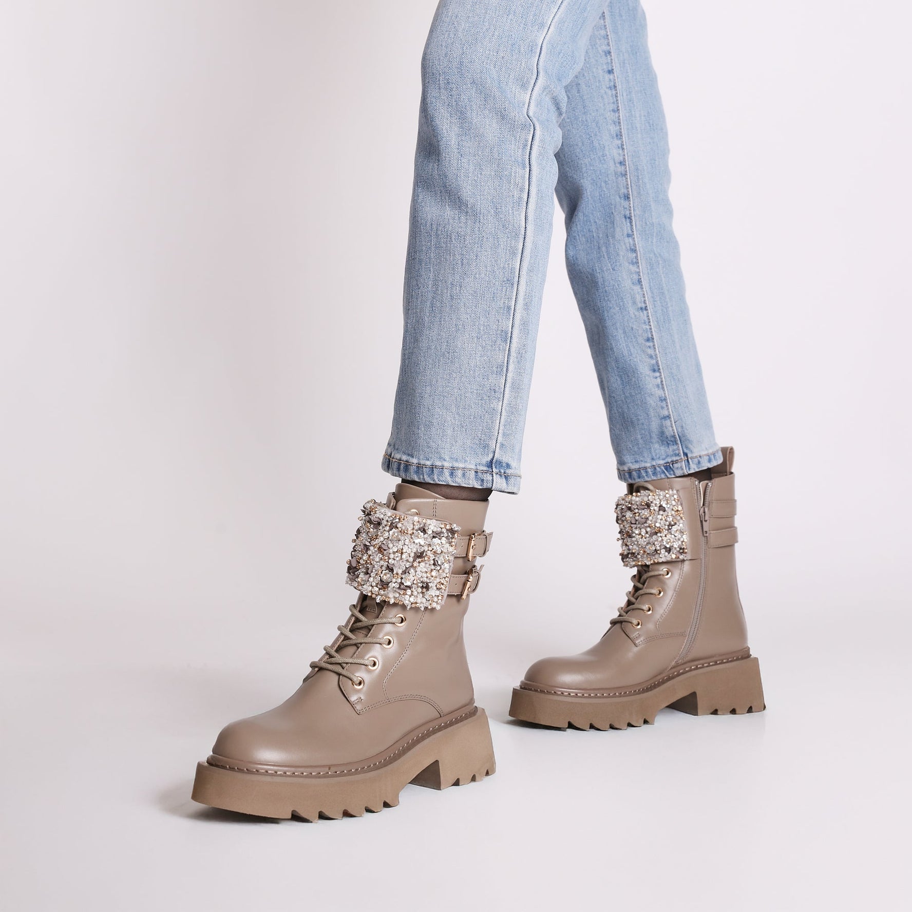 mud lea combat boot with rhinestone band