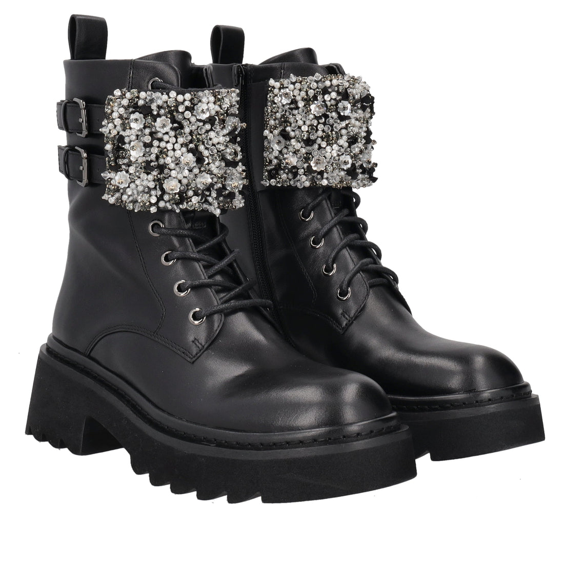 black lea combat boot with rhinestone band