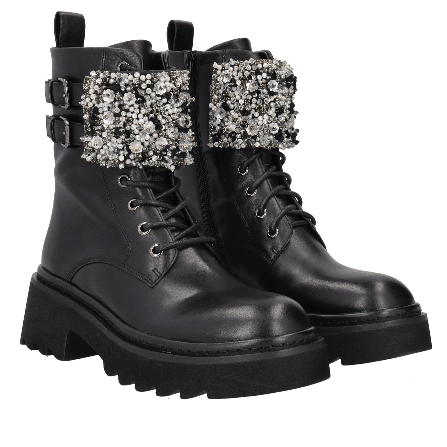 black lea combat boot with rhinestone band