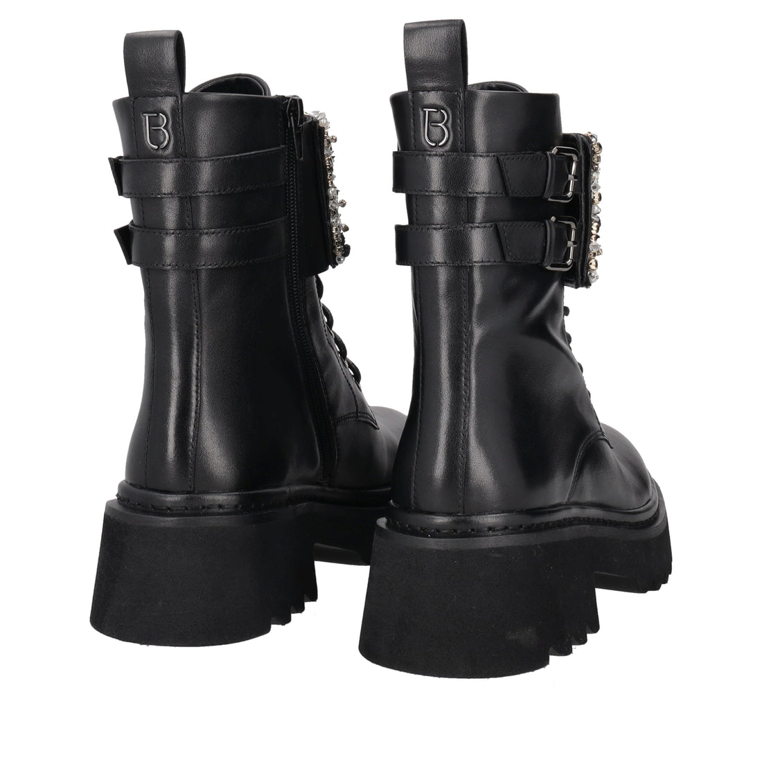 black lea combat boot with rhinestone band