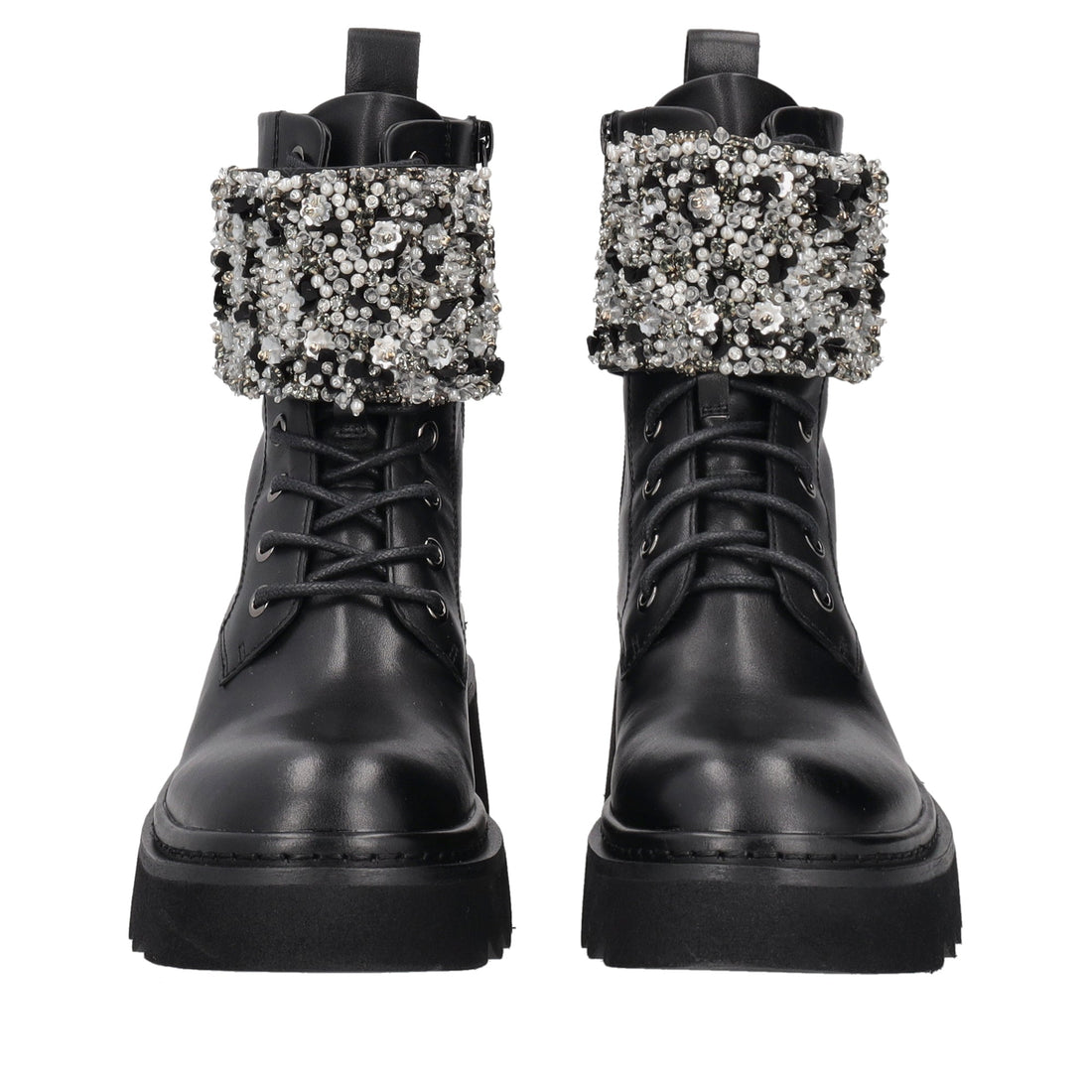 black lea combat boot with rhinestone band