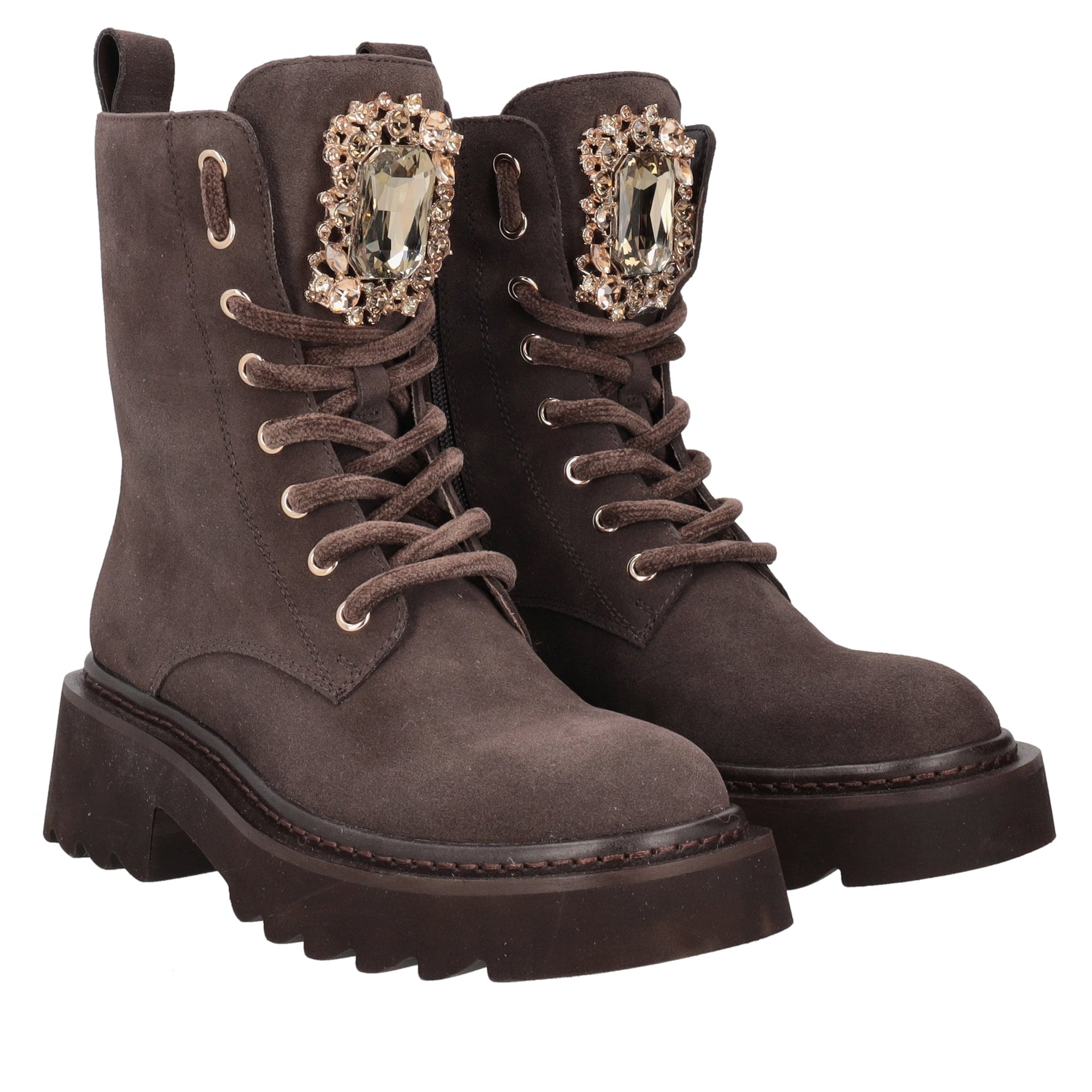 dark brown lea suede ankle boot with maxi accessory