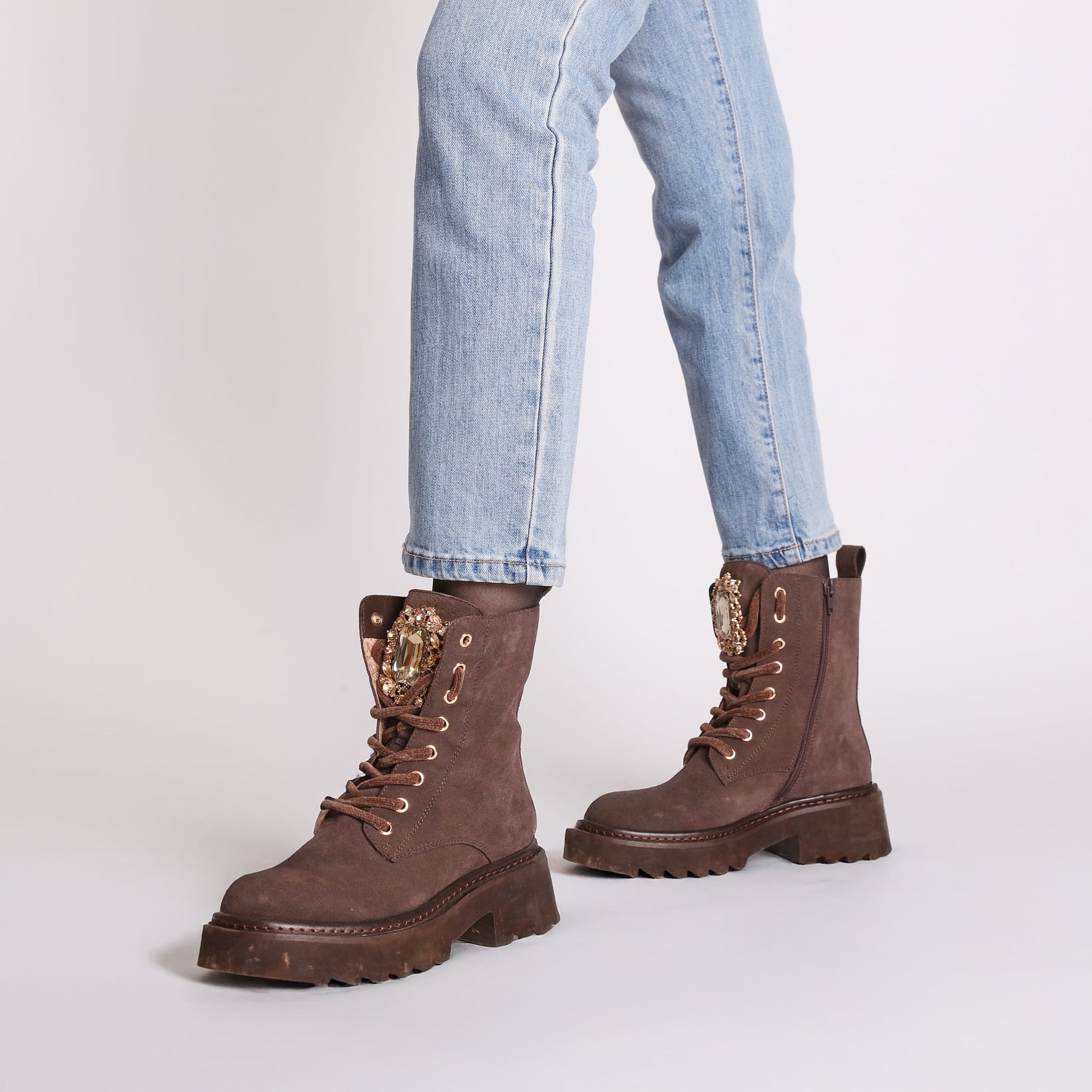 dark brown lea suede ankle boot with maxi accessory