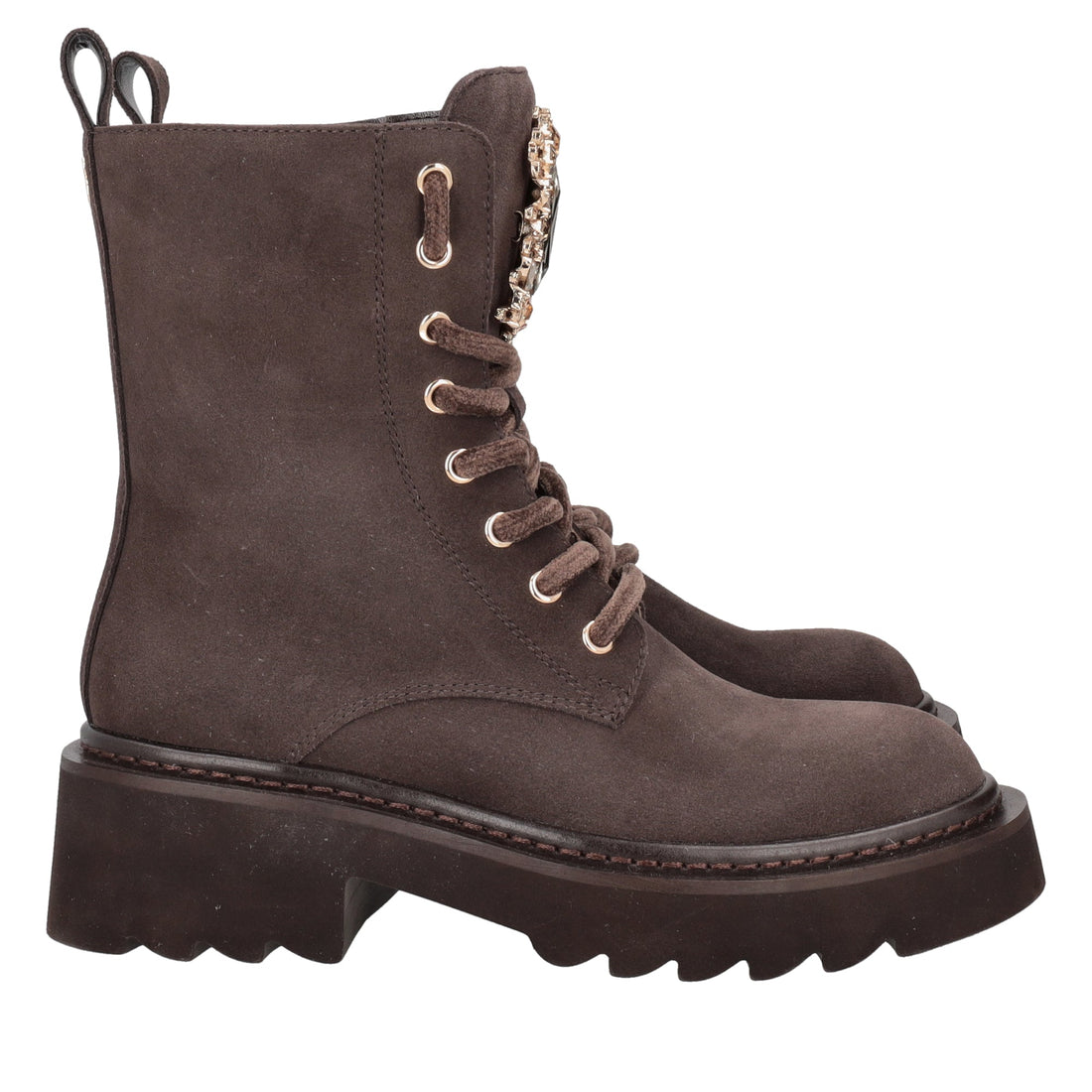 dark brown lea suede ankle boot with maxi accessory