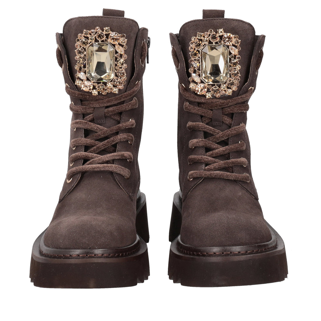 dark brown lea suede ankle boot with maxi accessory