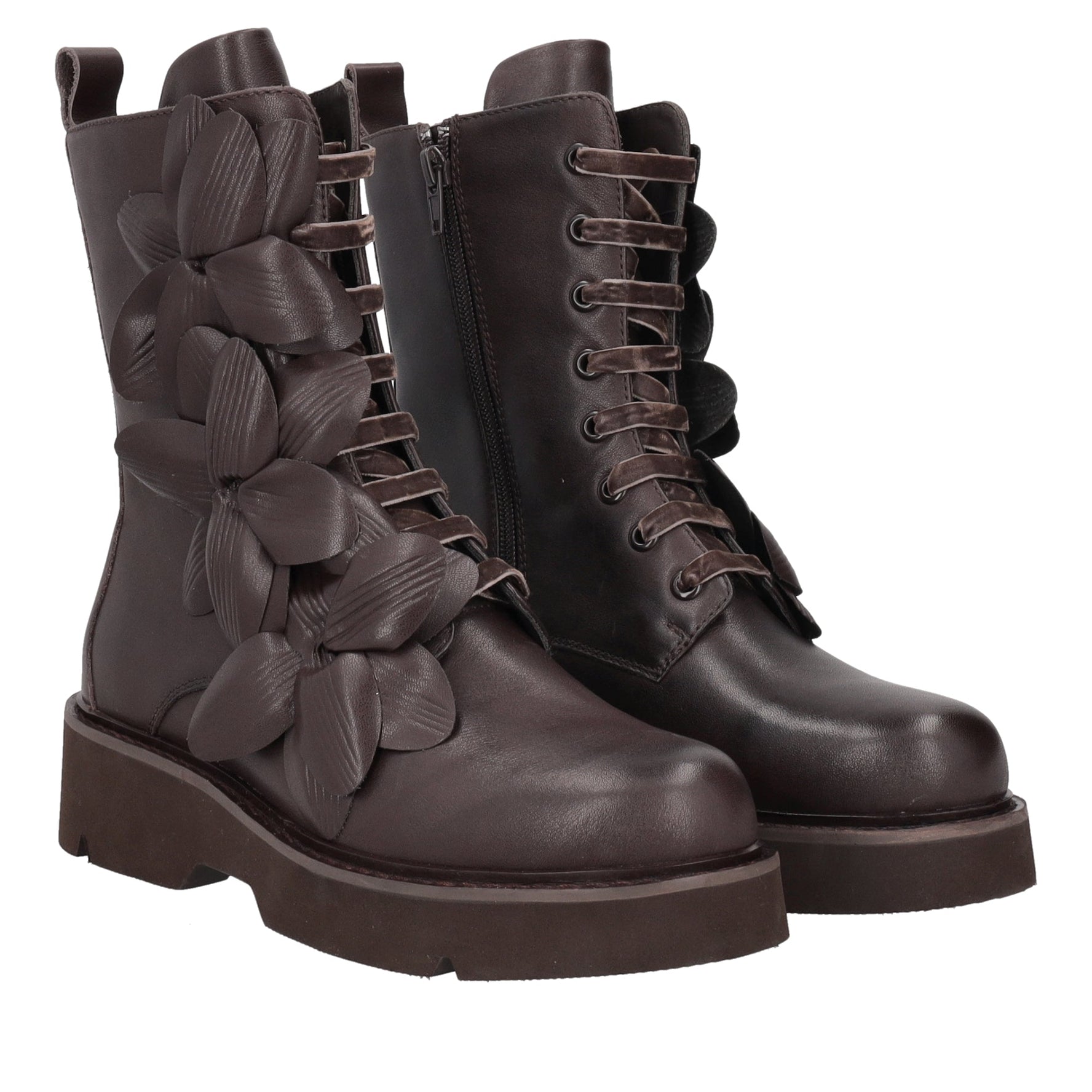 dark brown louise ankle boot with leather flowers
