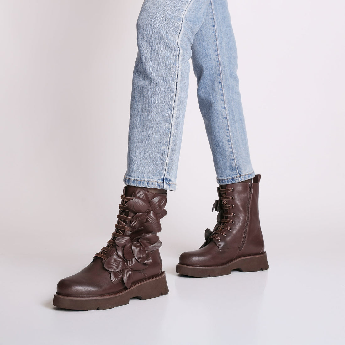 dark brown louise ankle boot with leather flowers