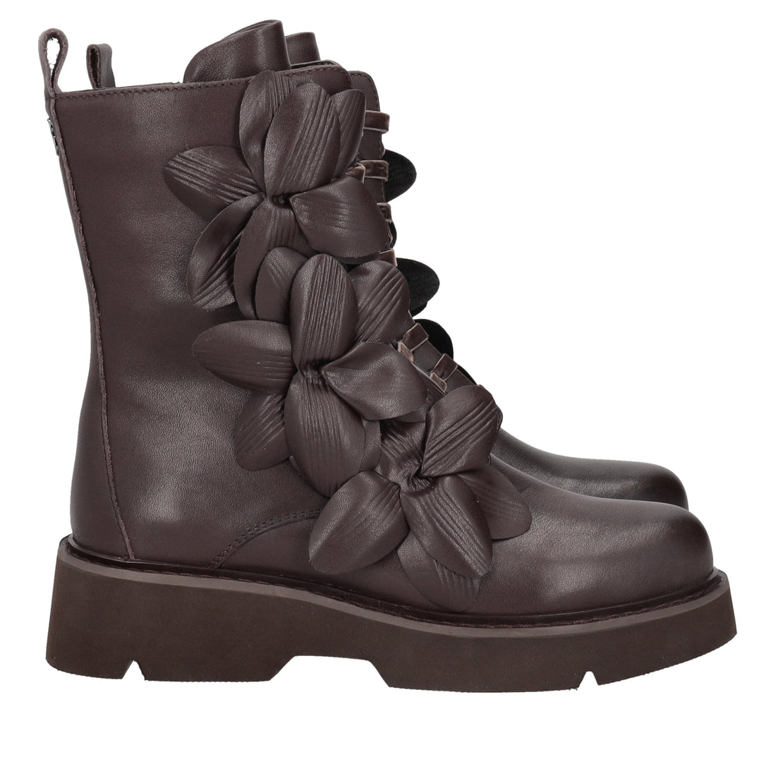 dark brown louise ankle boot with leather flowers