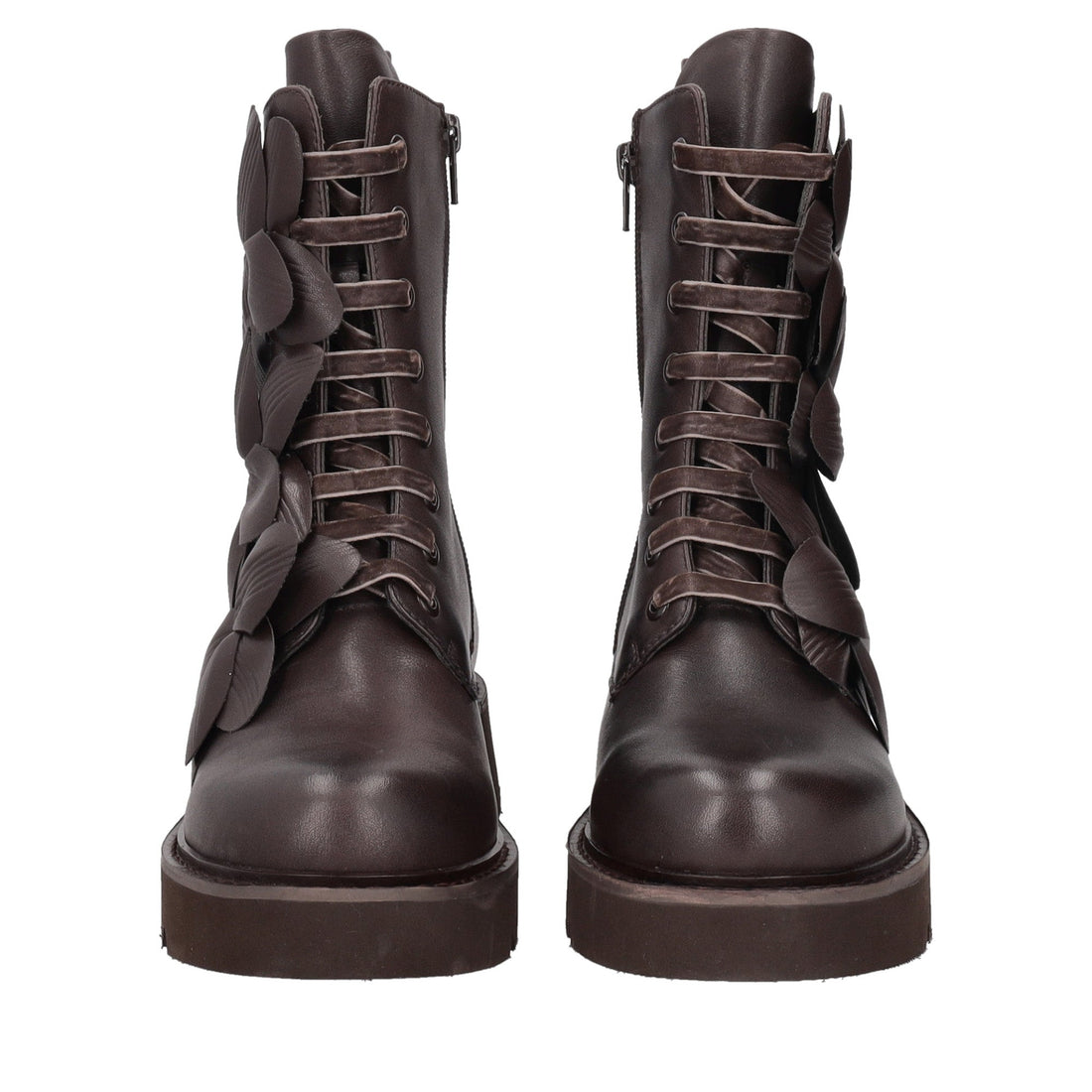 dark brown louise ankle boot with leather flowers
