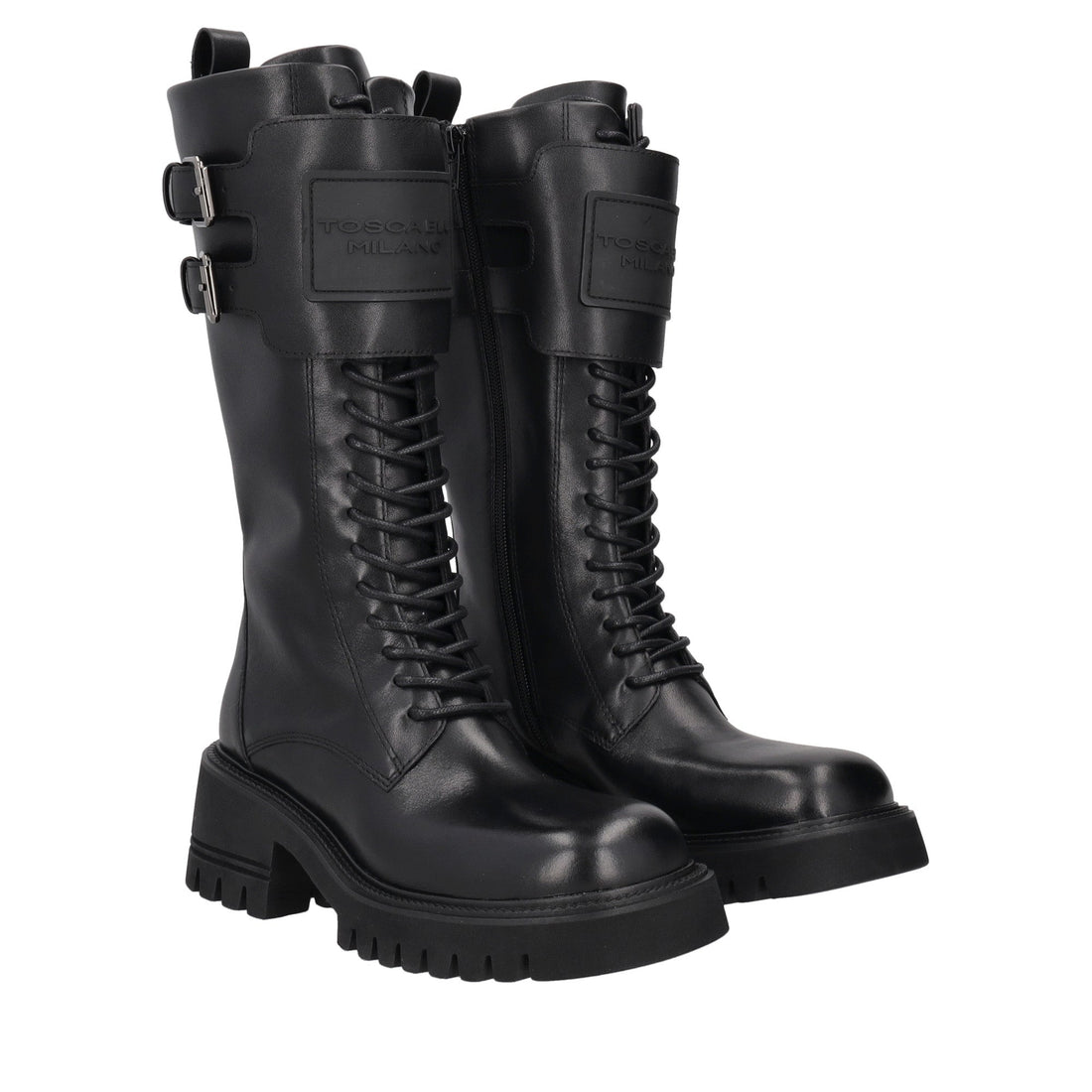 black madeleine leather combat boot with logo