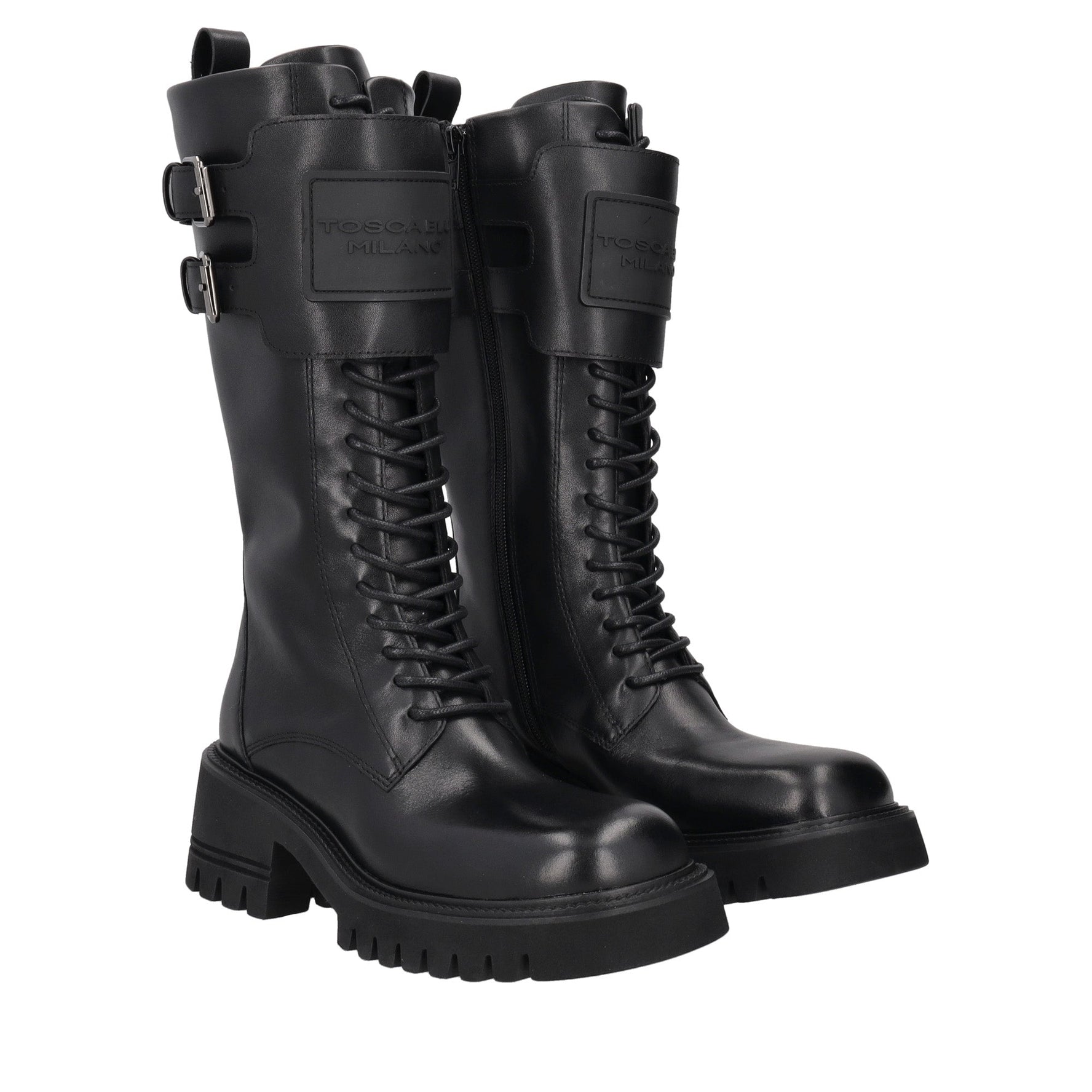 black madeleine leather combat boot with logo