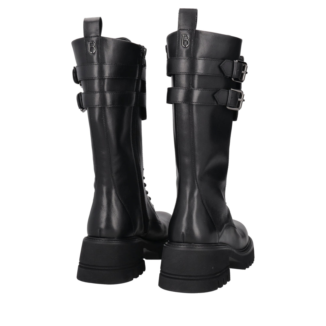 black madeleine leather combat boot with logo