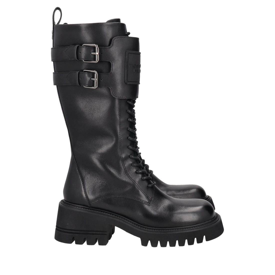 black madeleine leather combat boot with logo